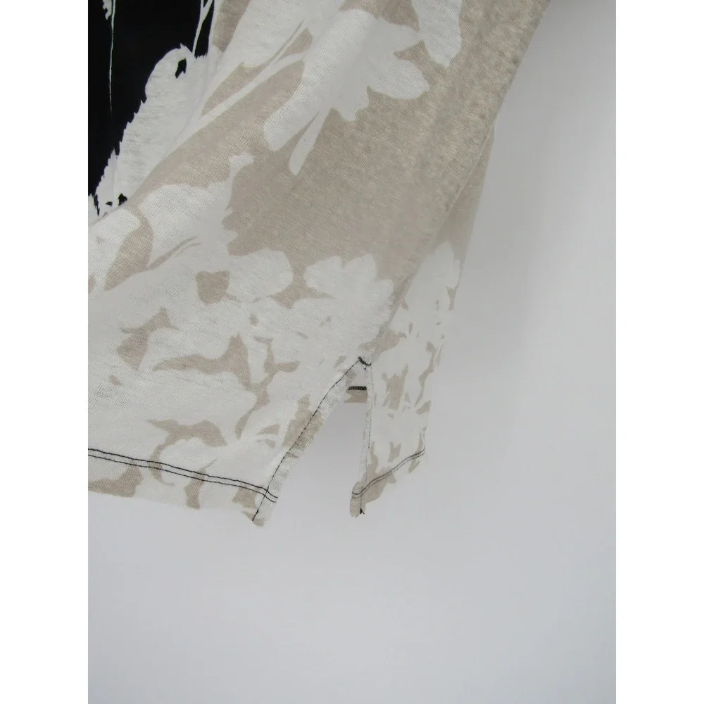 Chico's Linen Top Womens Medium Black Beige Floral Print Cap Sleeve Tee Artsy - Picture 4 of 9